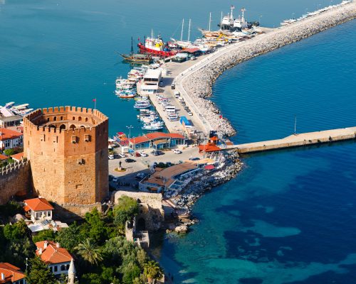Kizil Kule tower in Alanya peninsula, Antalya district, Turkey, Asia. Famous tourism destination. Ottoman Empire.